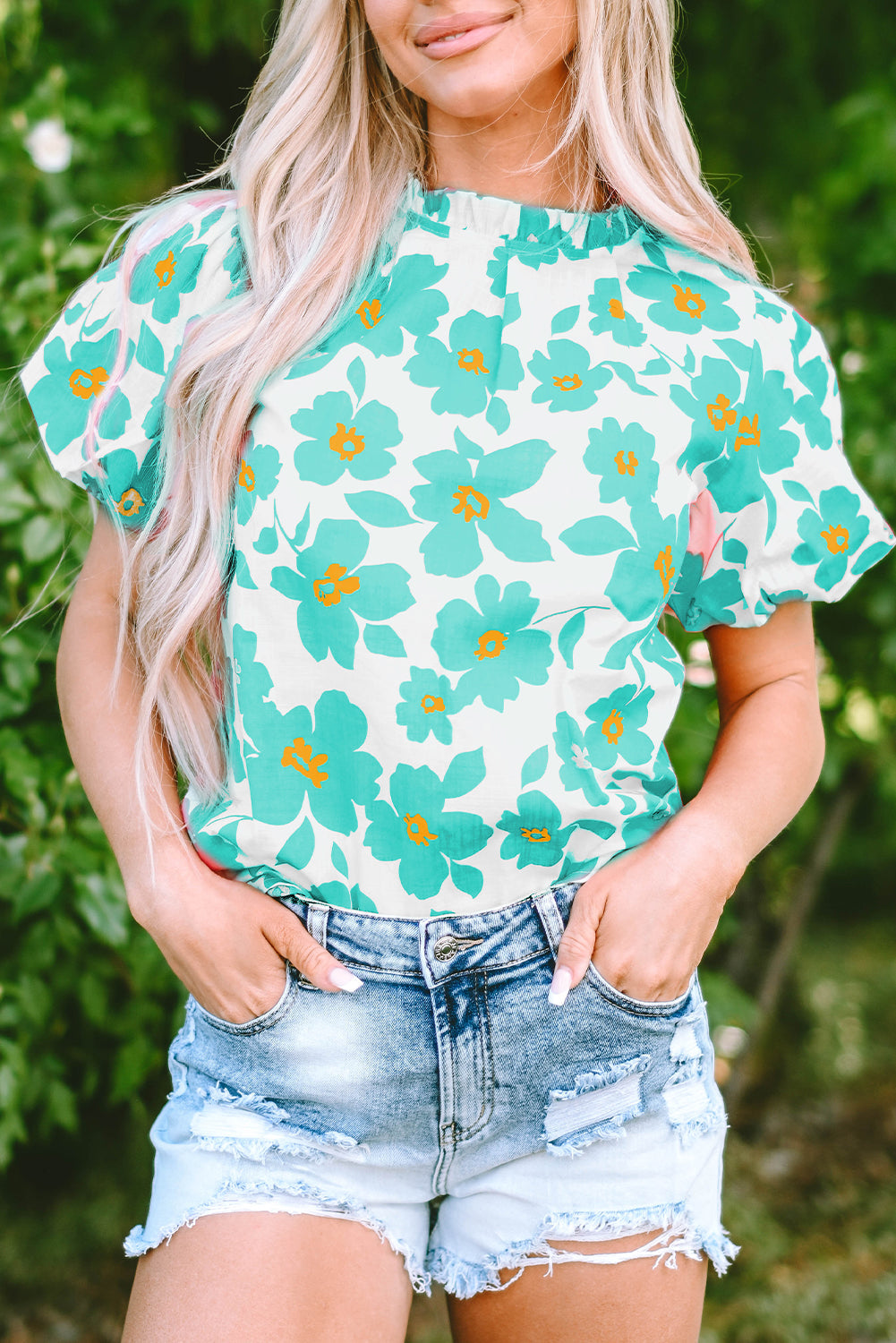 Women's Balloon Sleeve Frill-Trimmed Neckline Green Floral-Print Blouse
