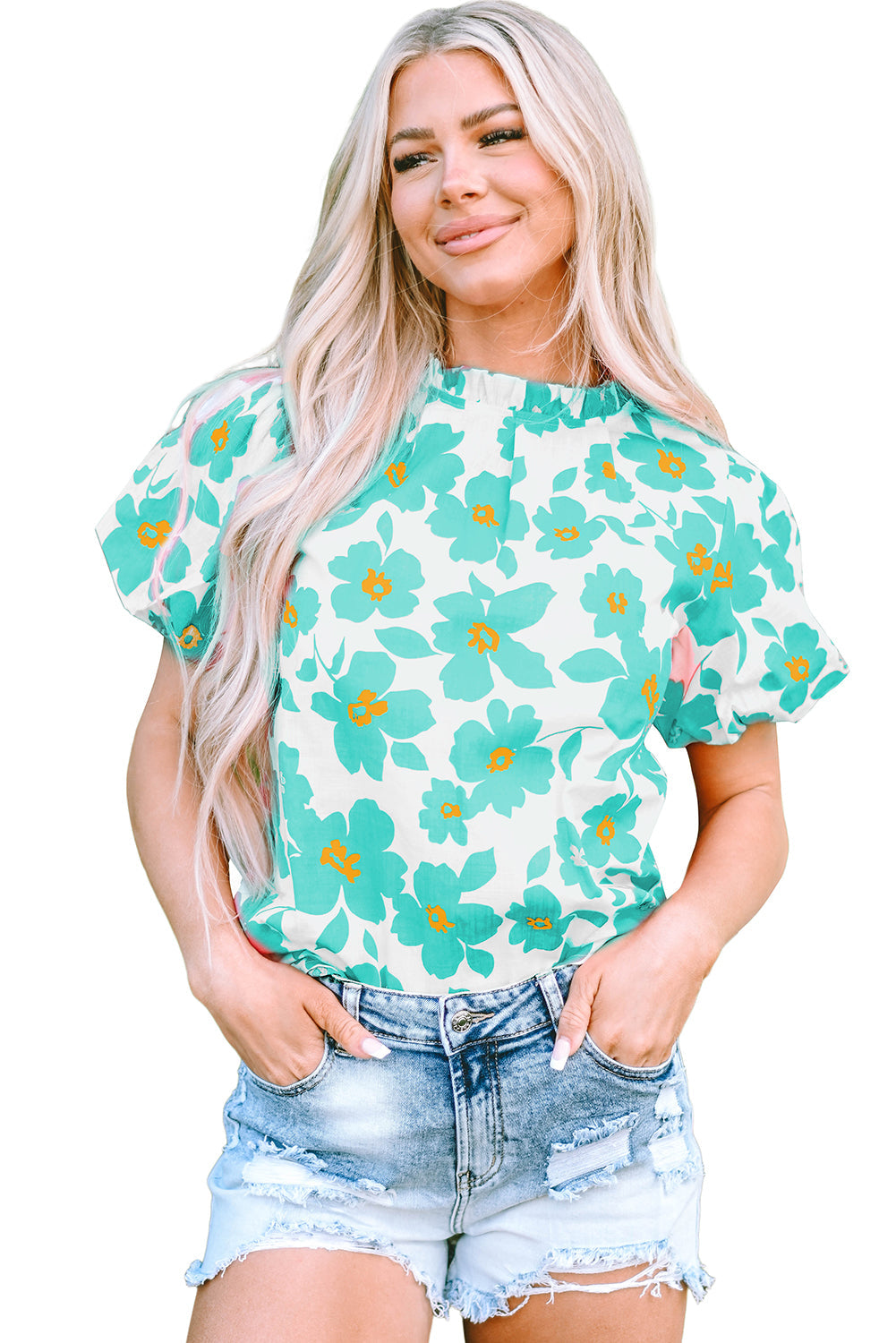 Women's Balloon Sleeve Frill-Trimmed Neckline Green Floral-Print Blouse