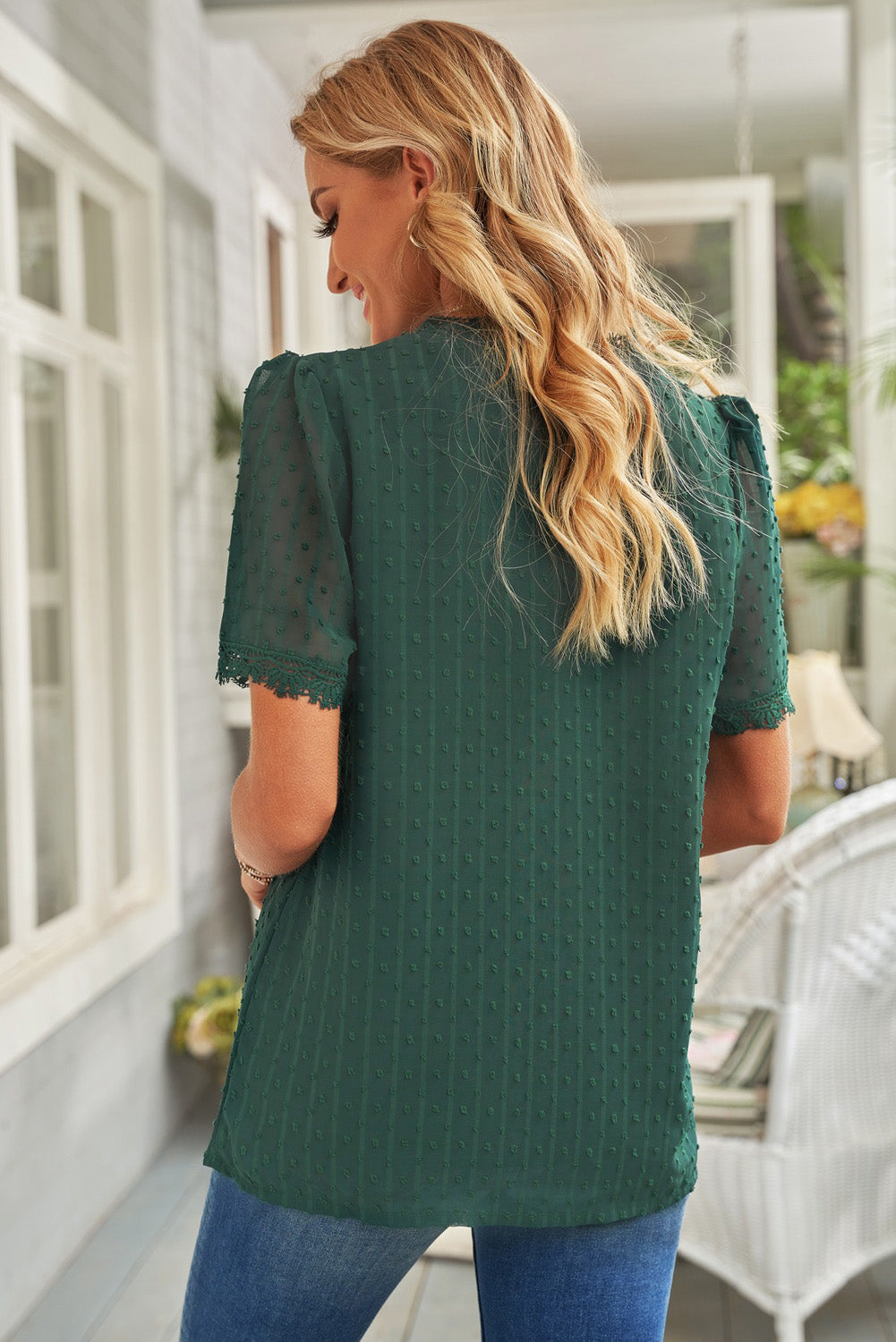 Women's Green Lace-Trimmed Splicing V Neck Swiss Dot Short-Sleeve Blouse