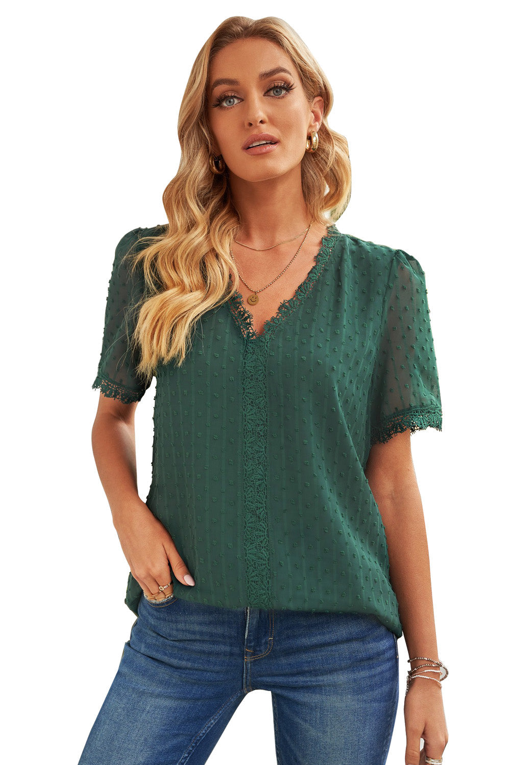 Women's Green Lace-Trimmed Splicing V Neck Swiss Dot Short-Sleeve Blouse