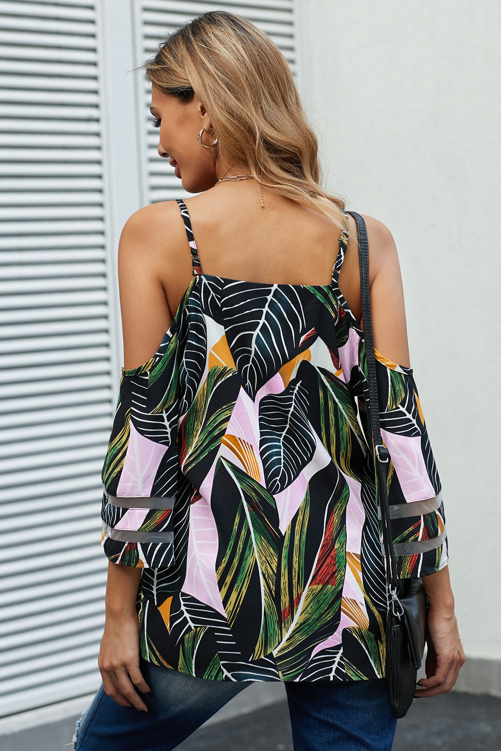 Blouse for Women Green Palm Print Cold Shoulder