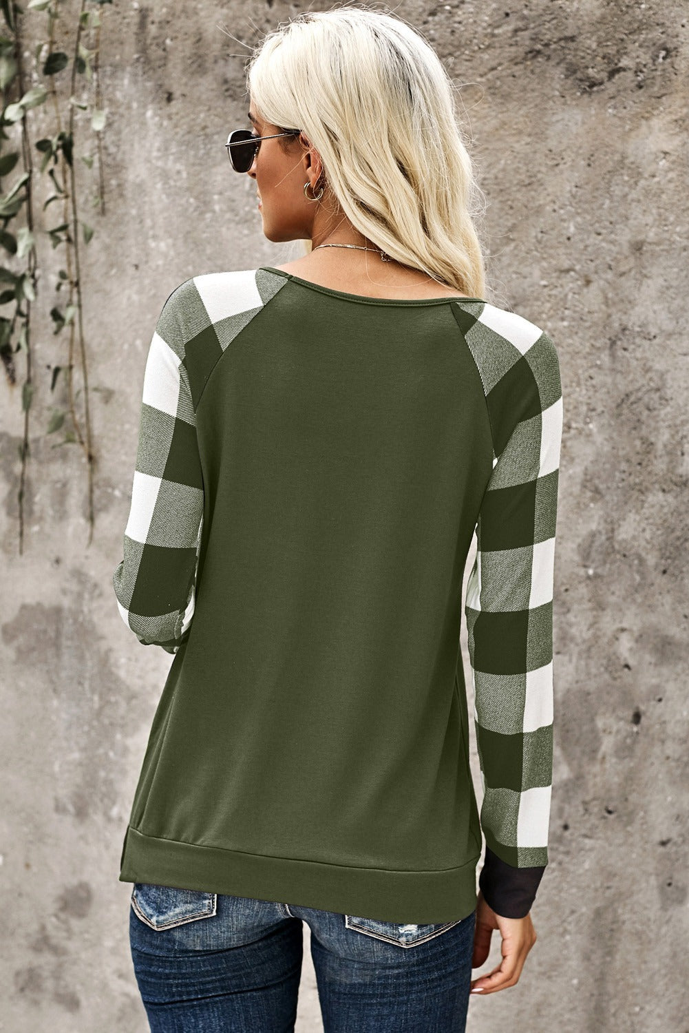 Women's Top Featuring Splicing Sequined Pocket Long-Sleeve Green Plaid