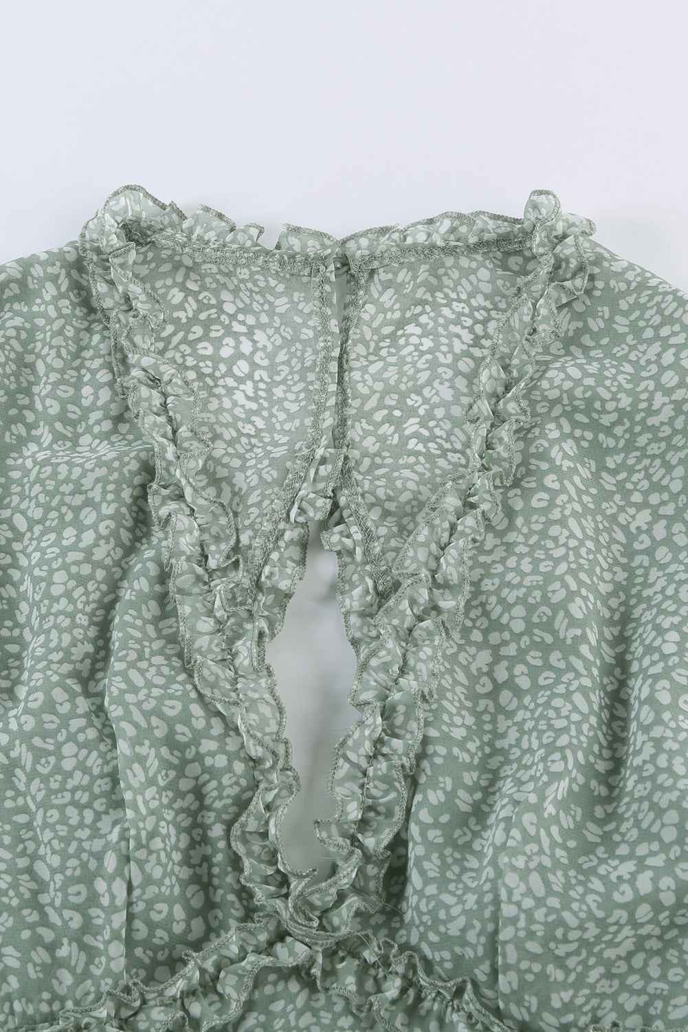 Women's V-neck Open-Back Floral-Print Green Ruffle-Trimmed Detailing Dress