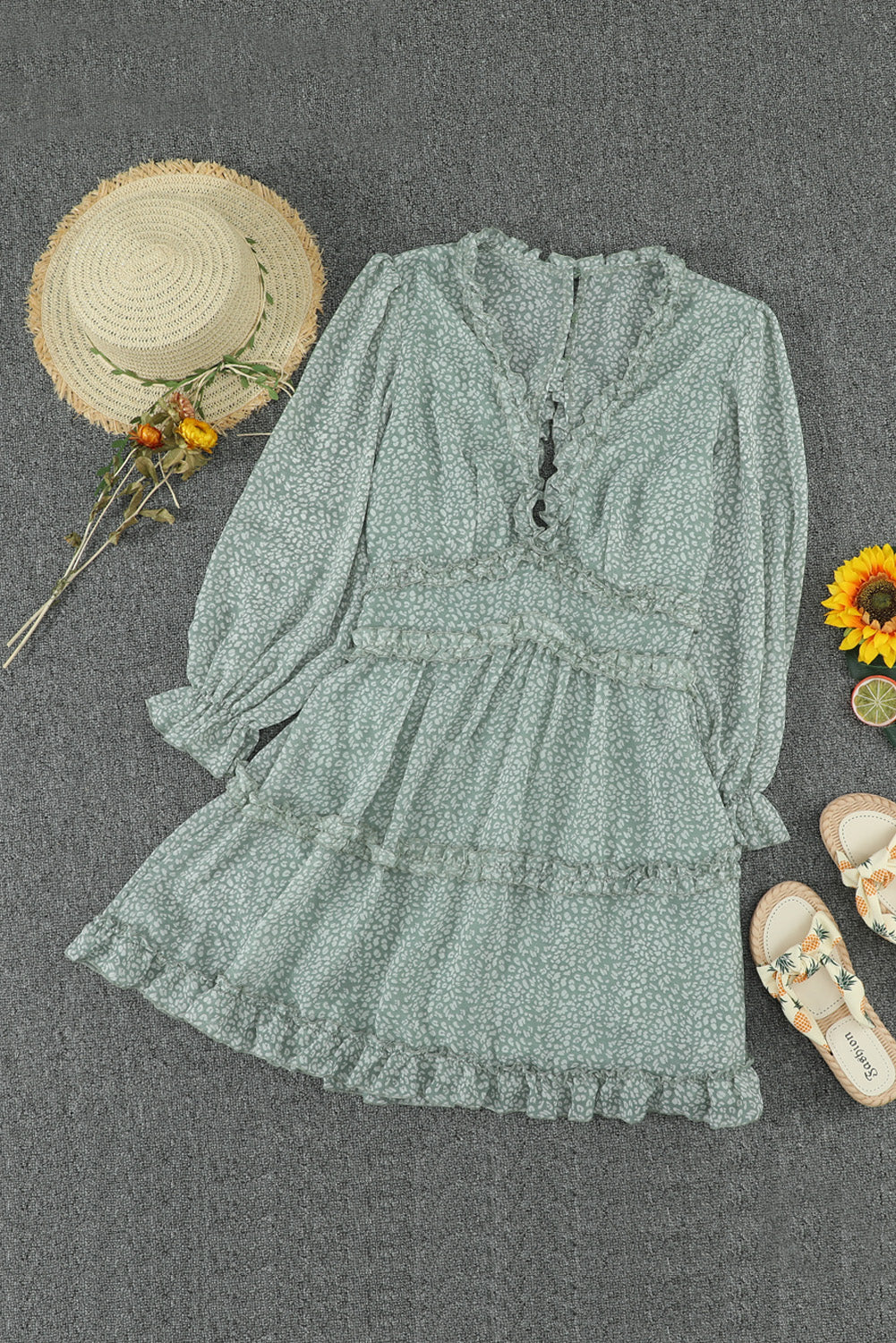 Women's V-neck Open-Back Floral-Print Green Ruffle-Trimmed Detailing Dress