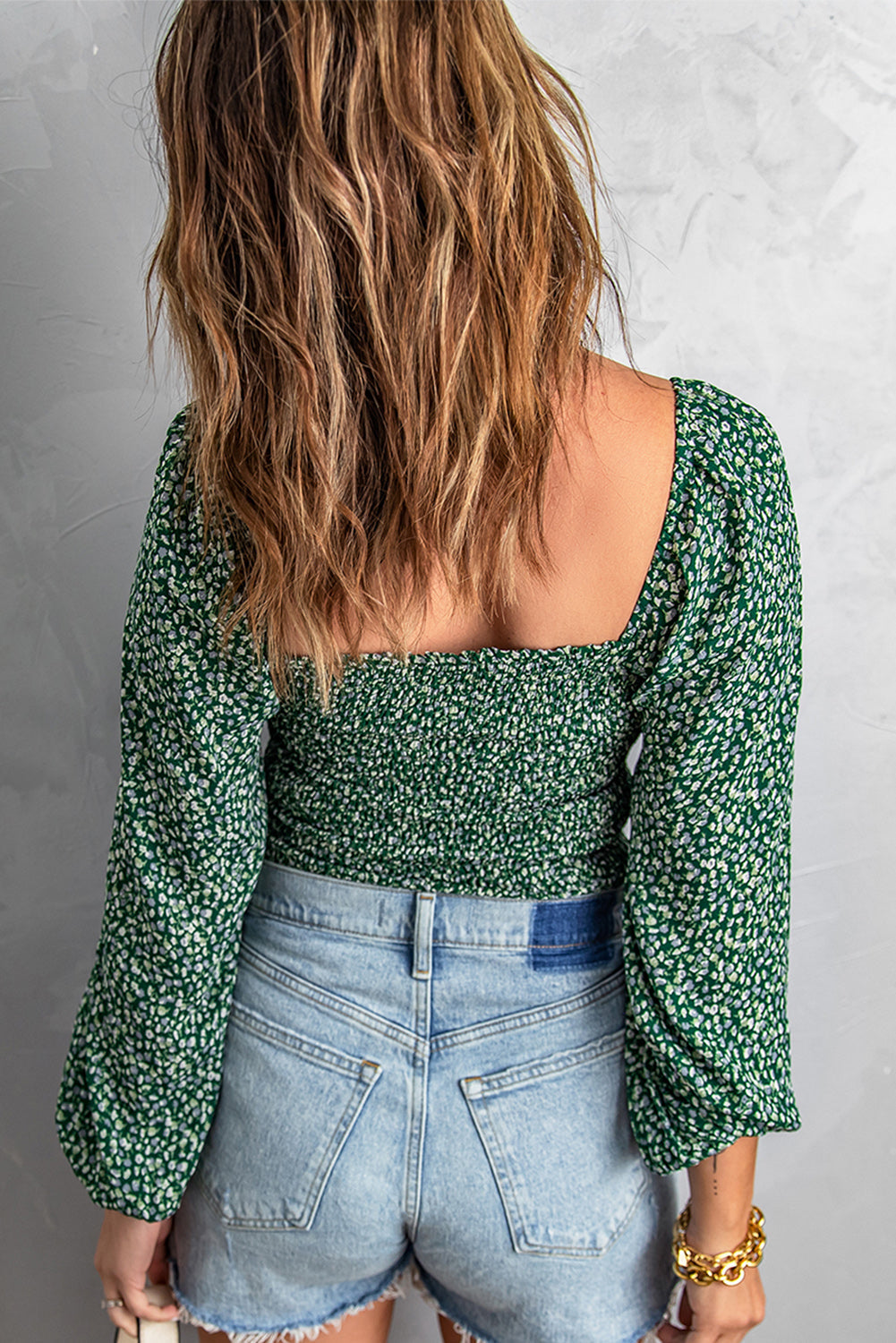 Women's Top Featuring Floral-Print Green Shirred