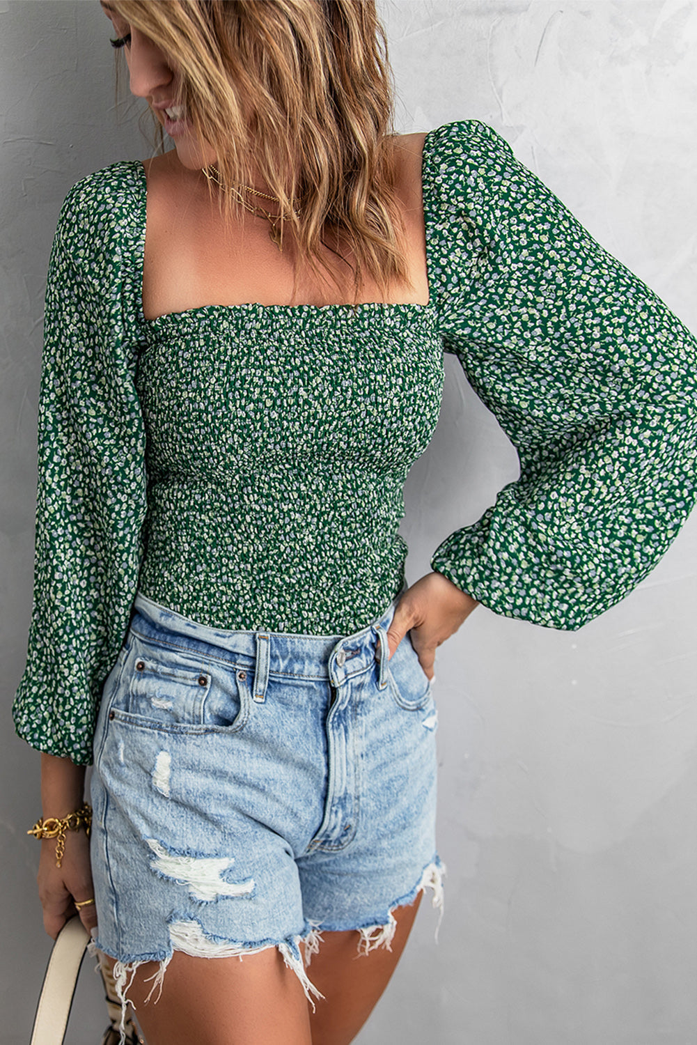 Women's Top Featuring Floral-Print Green Shirred