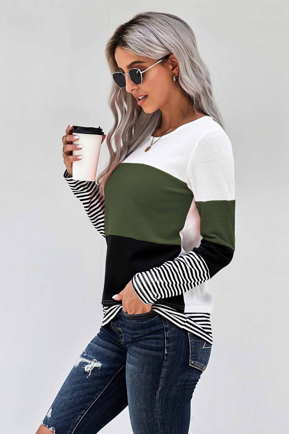 Women's Top Featuring Green Stylish Color-Block Splicing Stripes Long-Sleeve