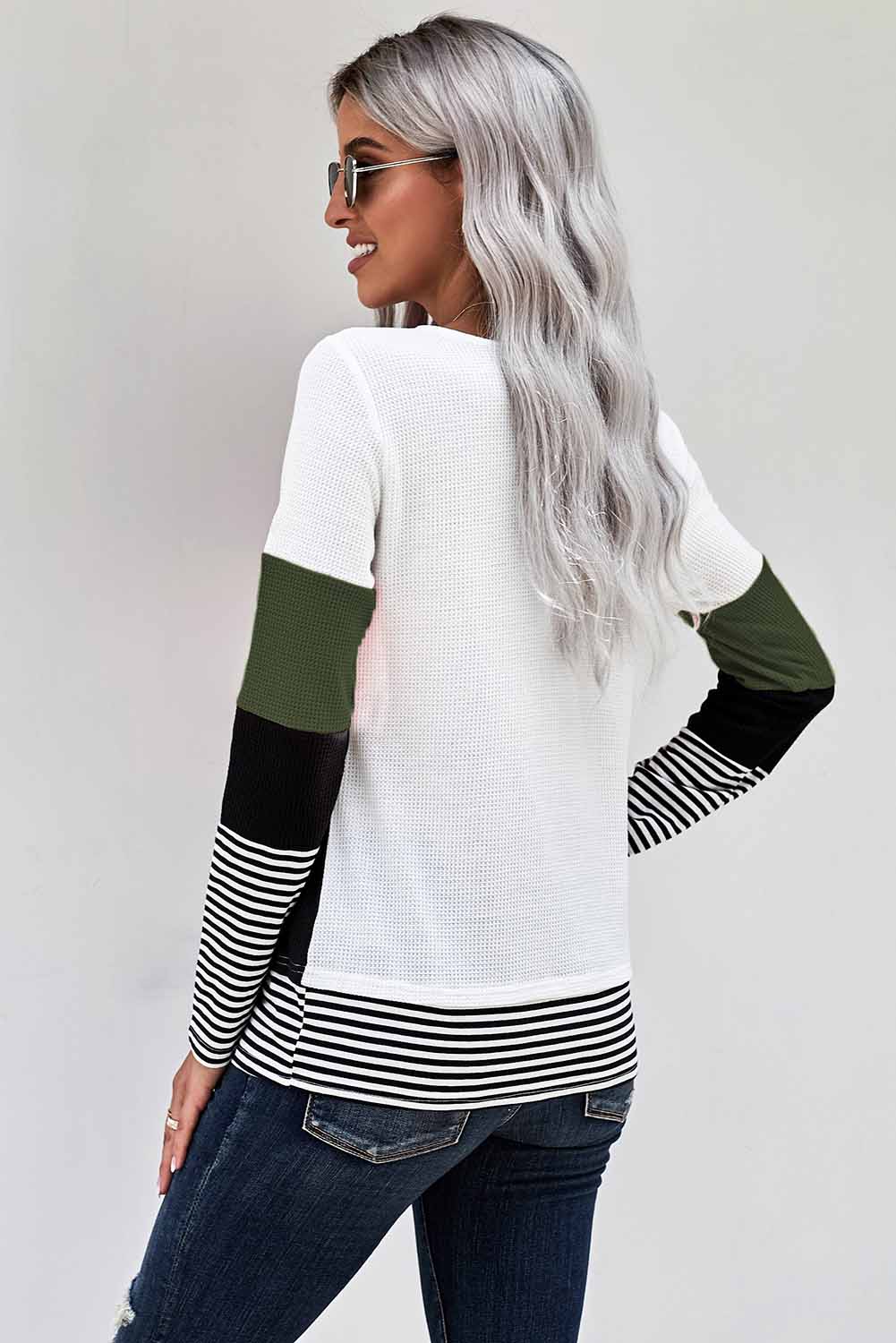 Women's Top Featuring Green Stylish Color-Block Splicing Stripes Long-Sleeve