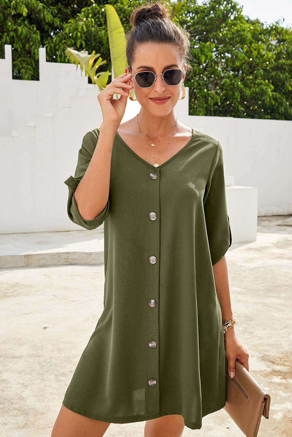 Women's Dress Featuring Everyday Spring Green V Neck Button Front Roll up Tab Sleeve