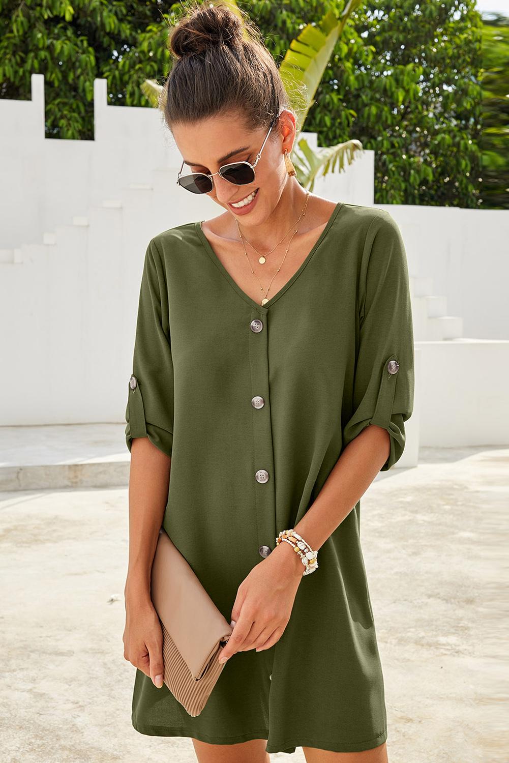 Women's Dress Featuring Everyday Spring Green V Neck Button Front Roll up Tab Sleeve