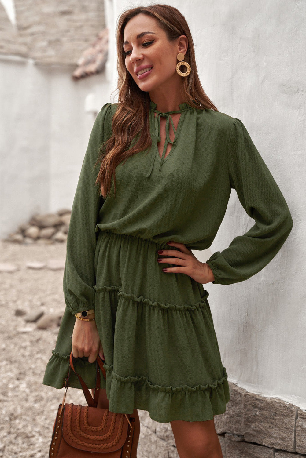 Women's Long-Sleeve Ruffle-Trimmed Layered Green V Neck Mini Dress
