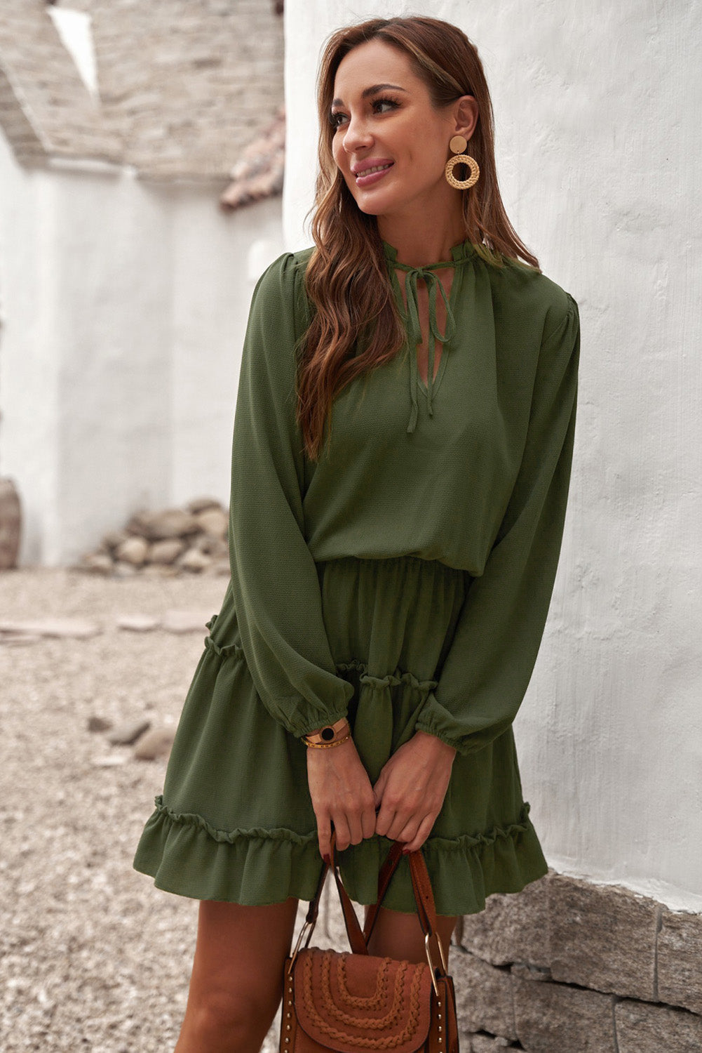 Women's Long-Sleeve Ruffle-Trimmed Layered Green V Neck Mini Dress
