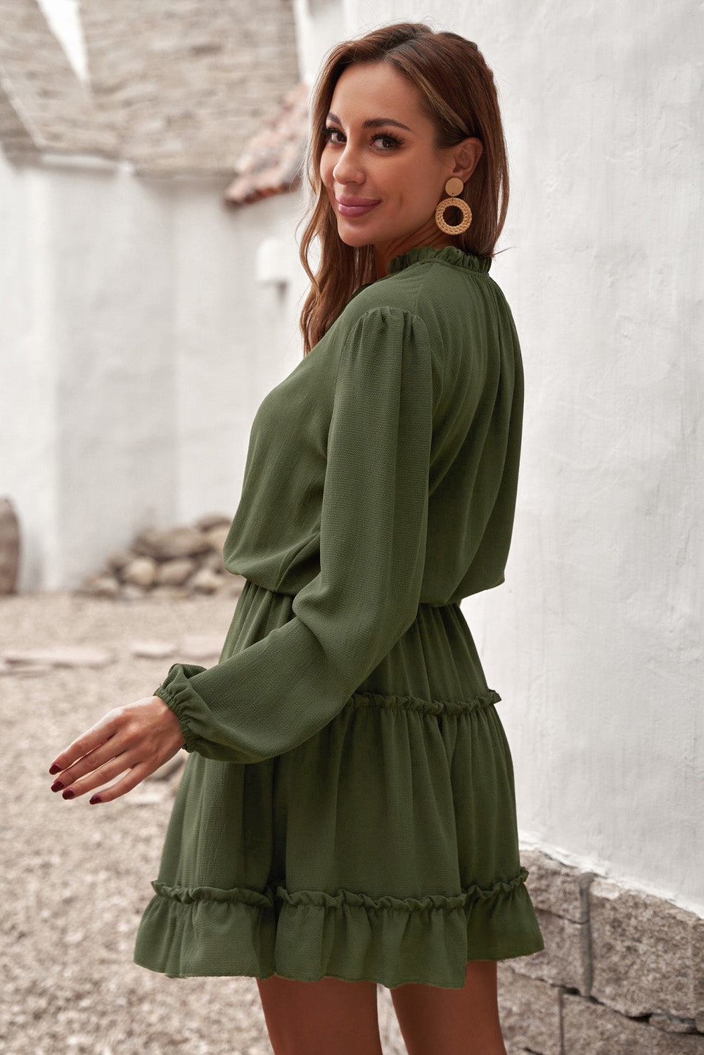 Women's Long-Sleeve Ruffle-Trimmed Layered Green V Neck Mini Dress
