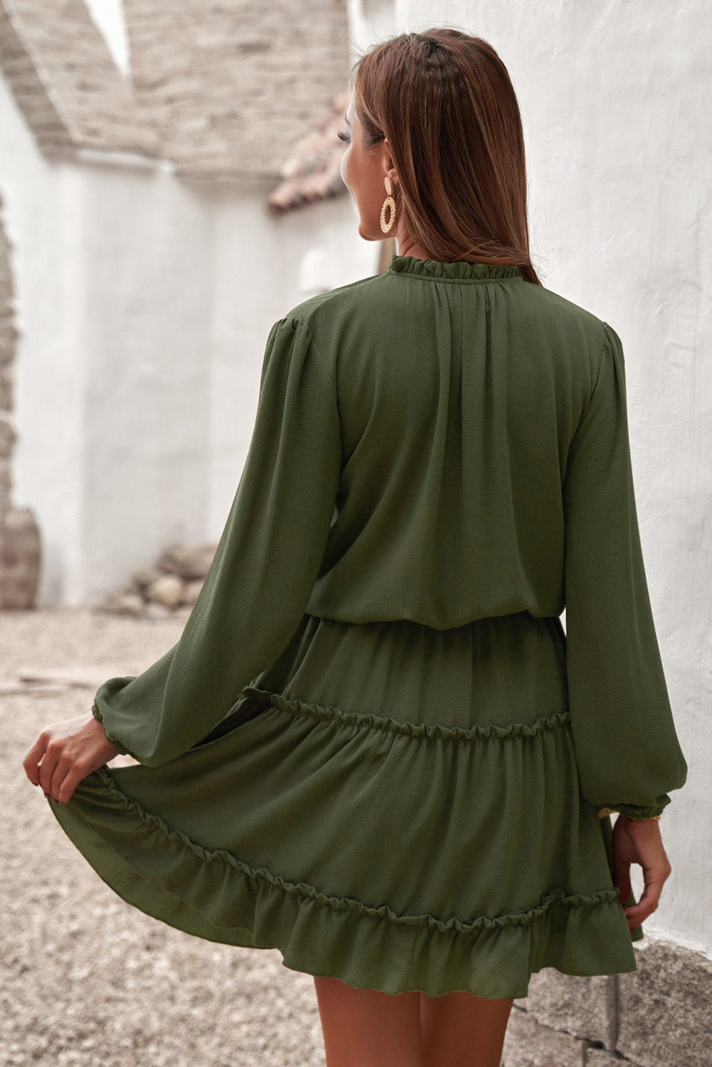 Women's Long-Sleeve Ruffle-Trimmed Layered Green V Neck Mini Dress