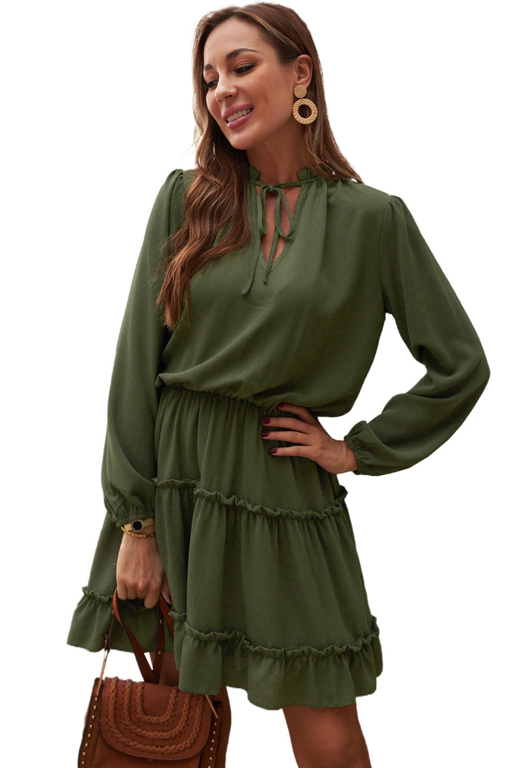 Women's Long-Sleeve Ruffle-Trimmed Layered Green V Neck Mini Dress