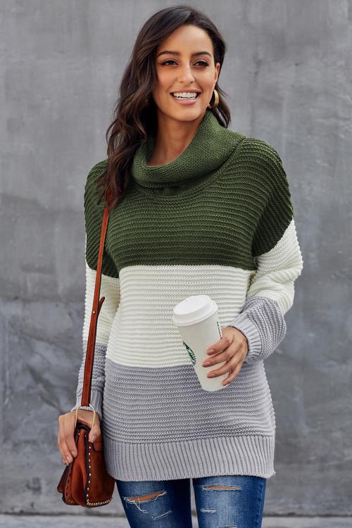 Women's Green Gray Color-Block Turtleneck Pullover Sweater