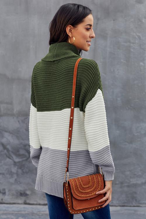 Women's Green Gray Color-Block Turtleneck Pullover Sweater