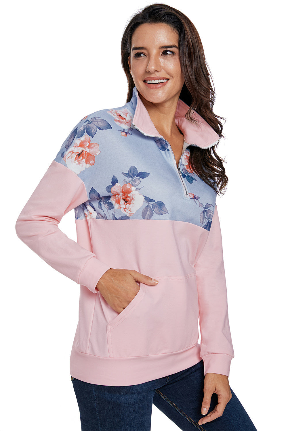 Women's Sweatshirt Featuring Splice Pink Kangaroo Pocket Zip Collar Hot Floral-Print