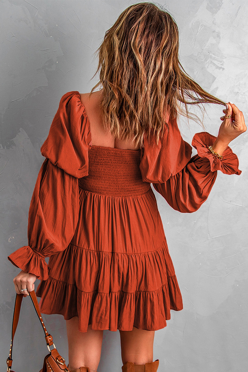 Women's Mini Dress Featuring Ruffle-Trimmed Brown Bohemian