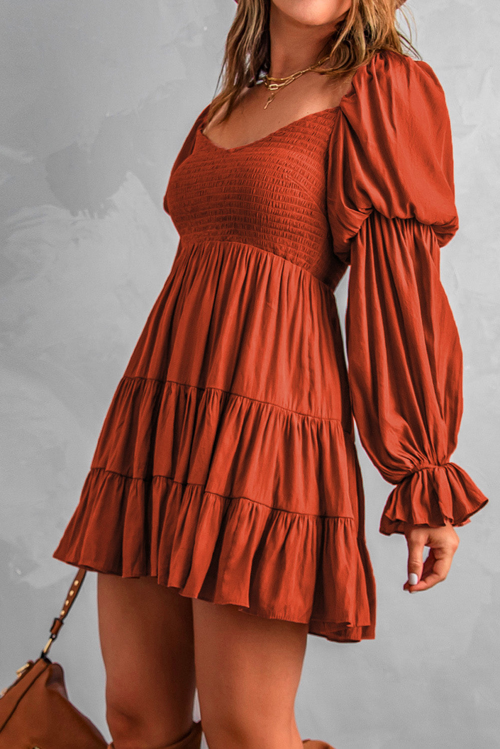 Women's Mini Dress Featuring Ruffle-Trimmed Brown Bohemian
