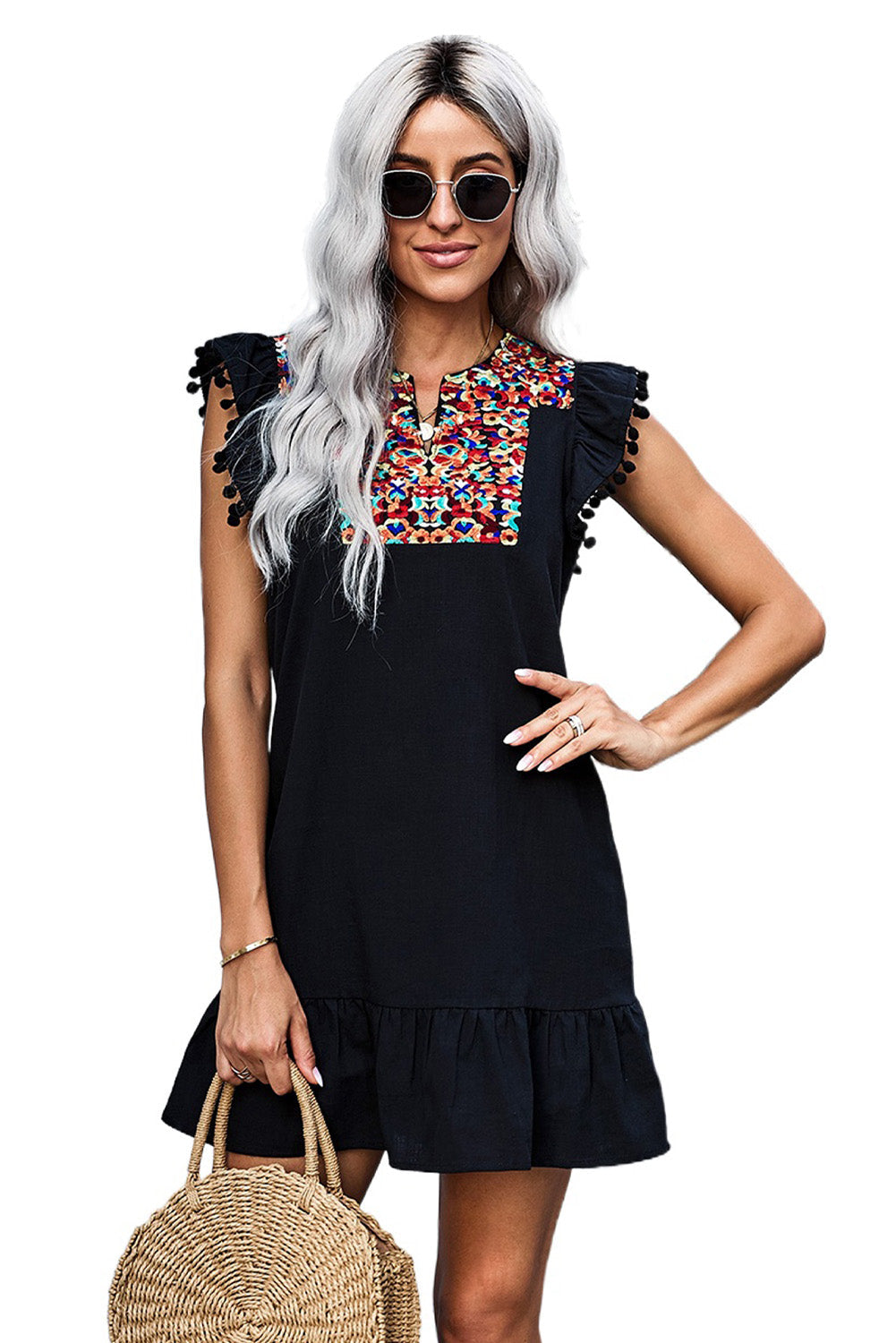 Dress for Women Black Print Pompom Sleeve Shift Bohemian