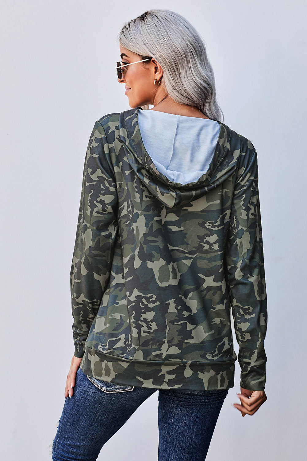 Women's Hoodie Featuring Kangaroo Pocket Green Camouflage-Print