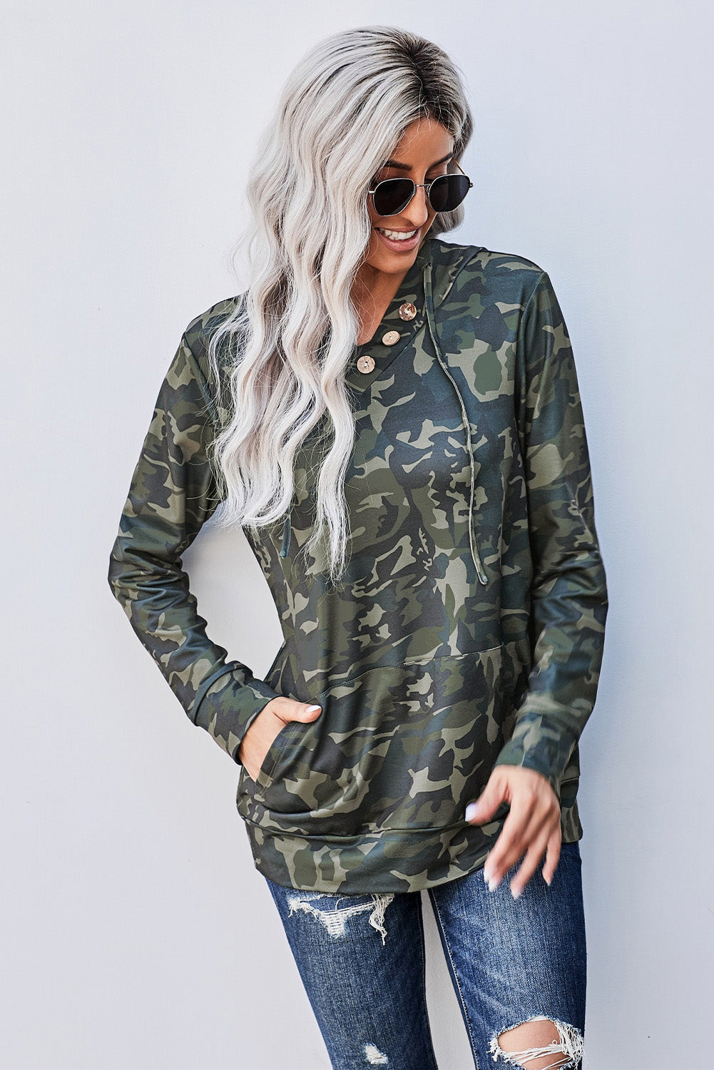Women's Hoodie Featuring Kangaroo Pocket Green Camouflage-Print