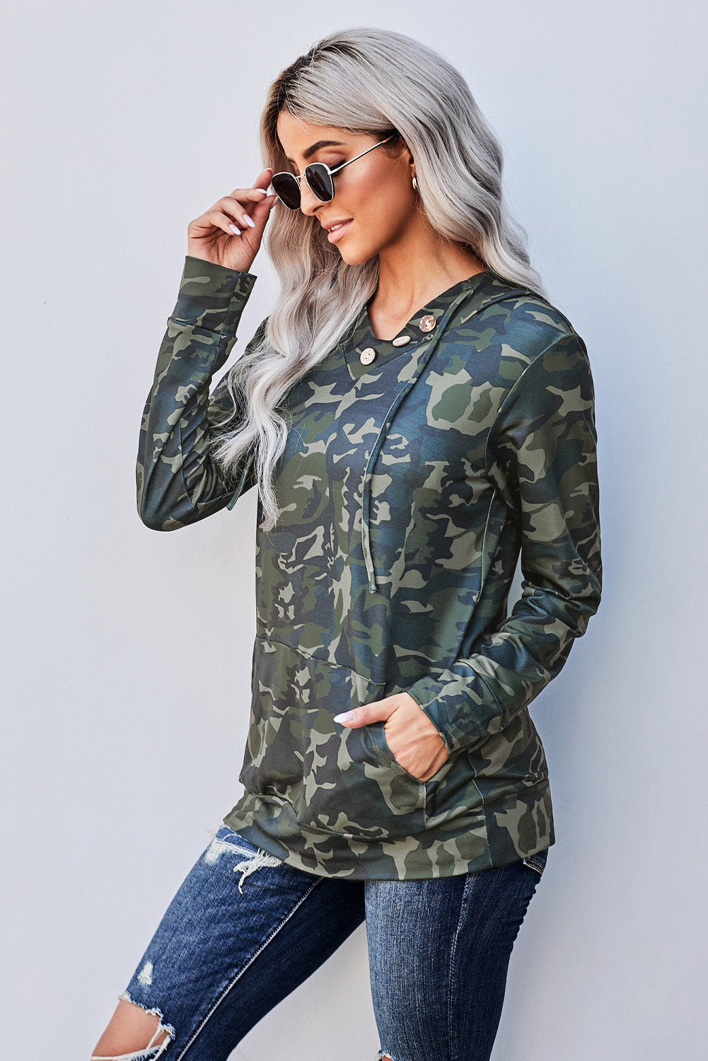 Women's Hoodie Featuring Kangaroo Pocket Green Camouflage-Print