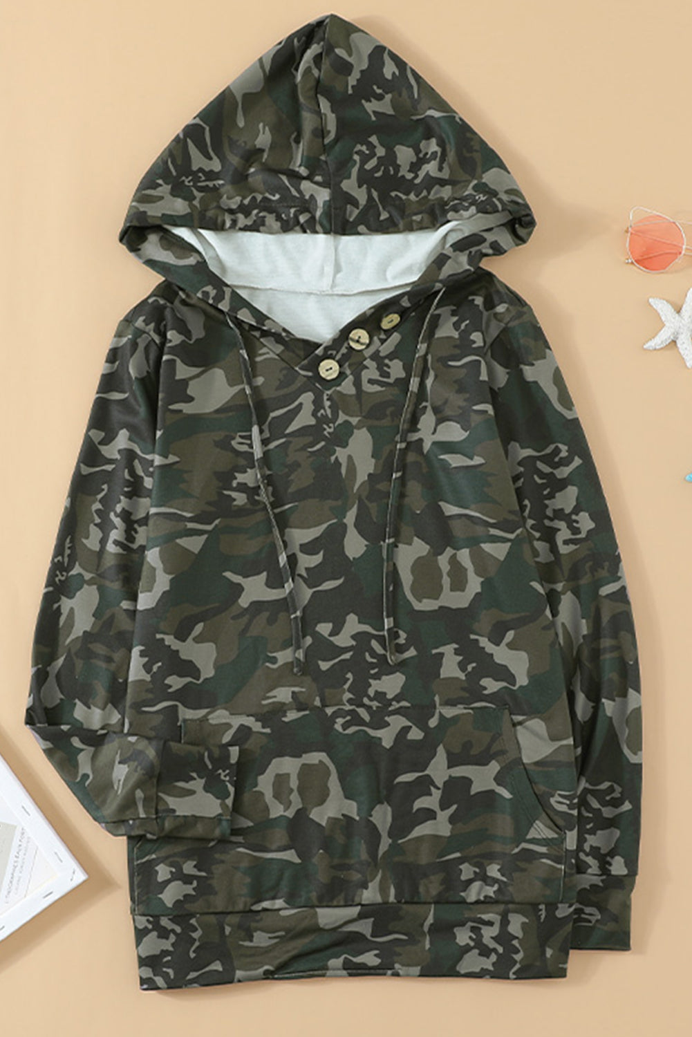 Women's Hoodie Featuring Kangaroo Pocket Green Camouflage-Print