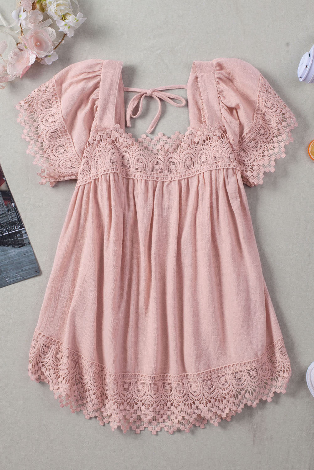 Women's Blouse Featuring Lace-Trimmed Square Neck Cute Pink