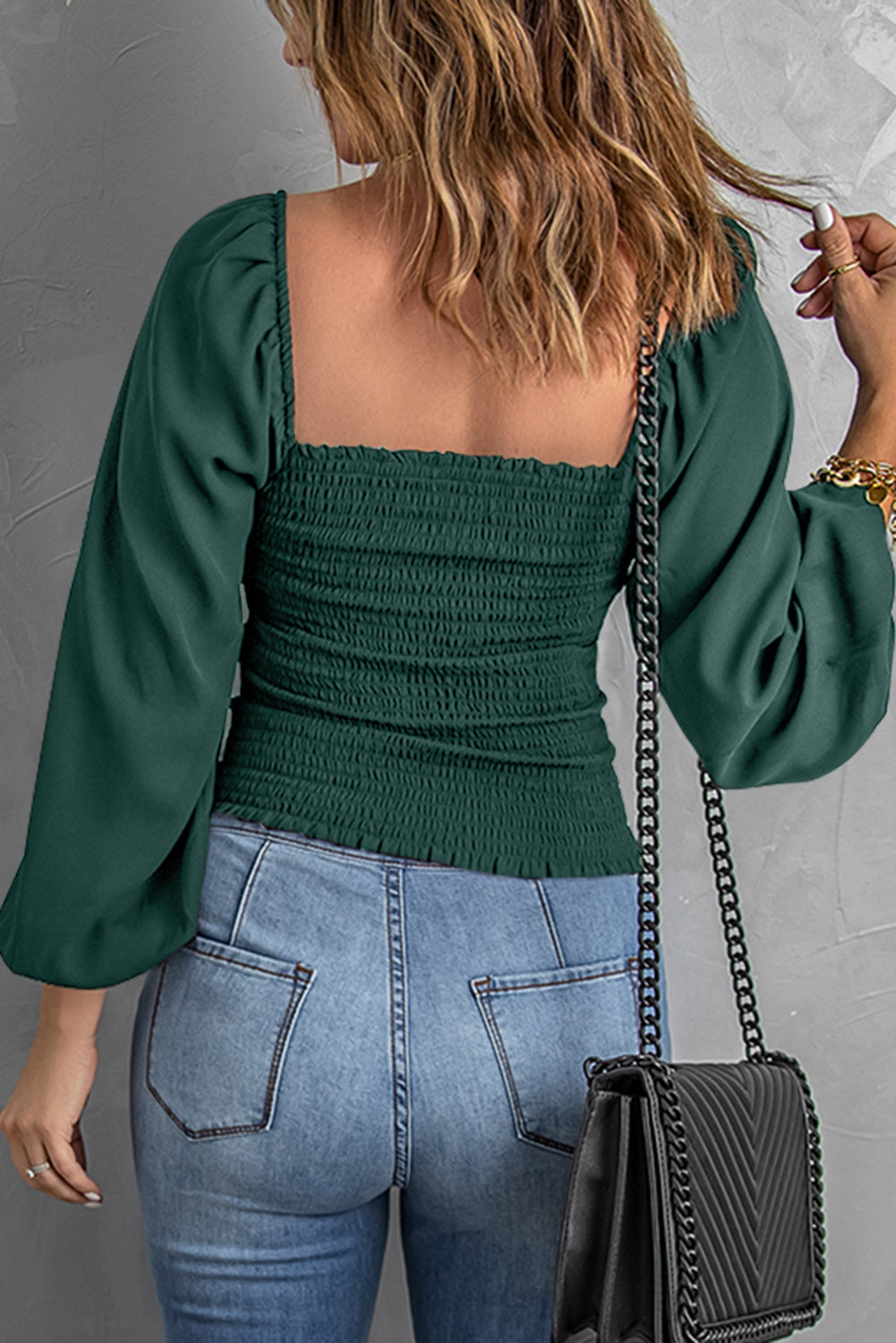 Women's Top Featuring Green Square Neck Shirred