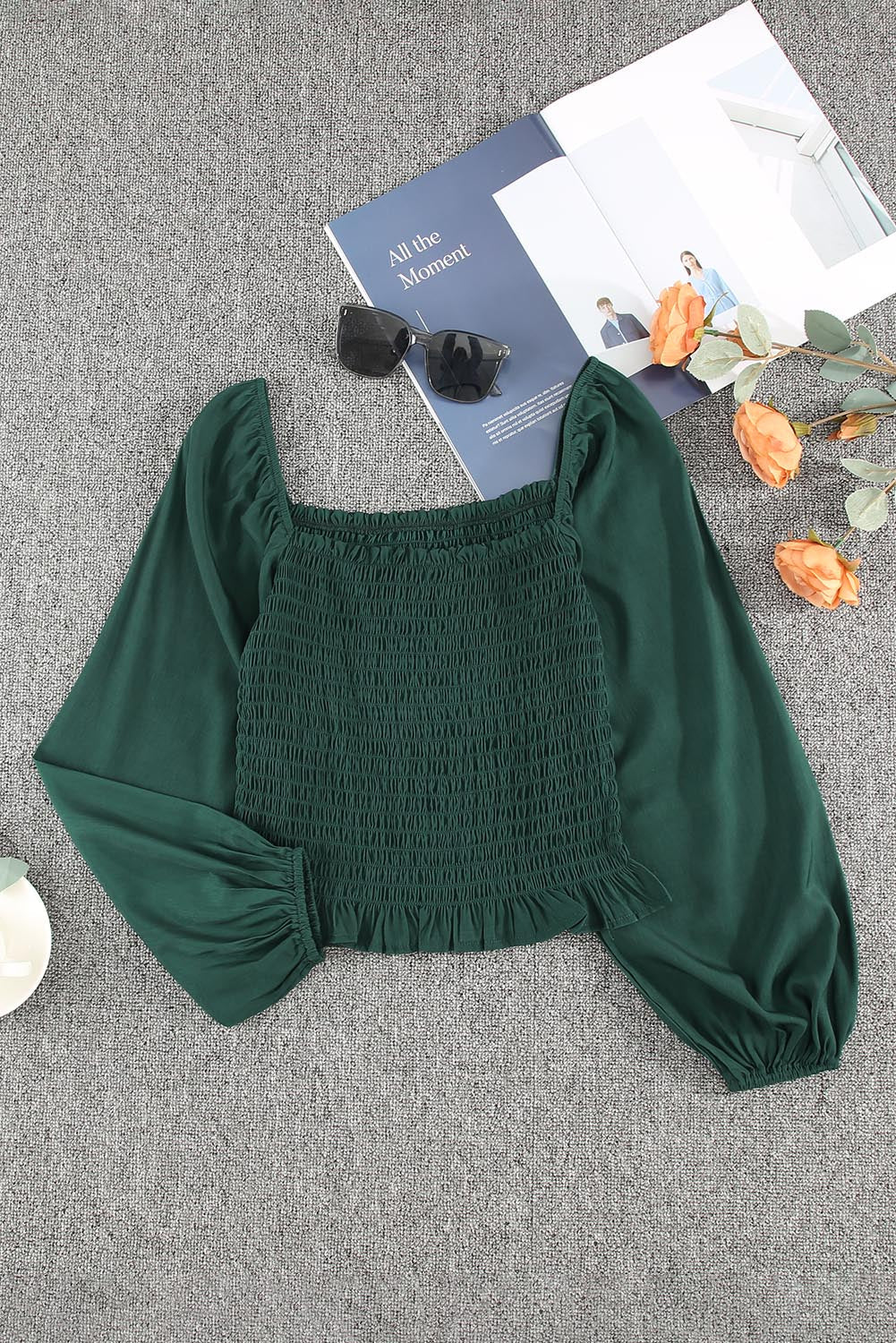 Women's Top Featuring Green Square Neck Shirred