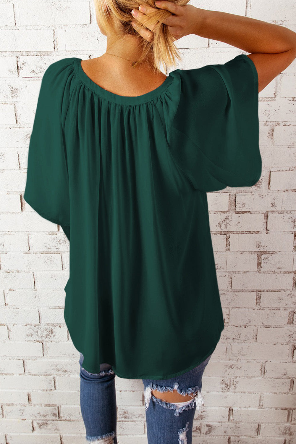 Women's Green Pleat-Detail Loose Top
