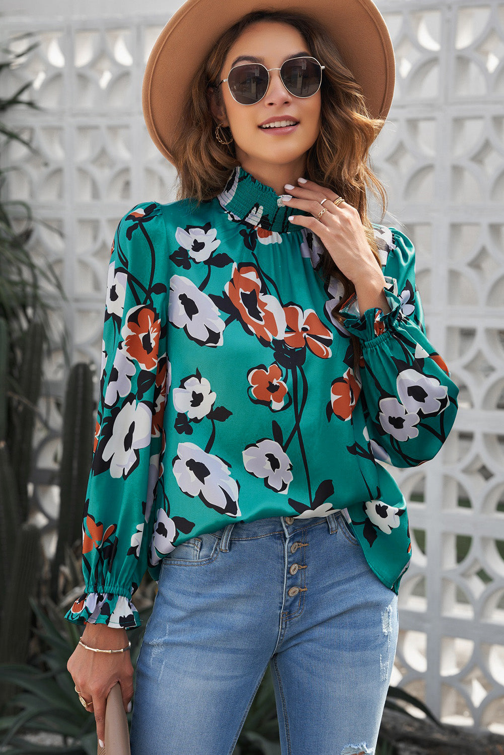 Blouse for Women Floral-Print Print Mock Neck