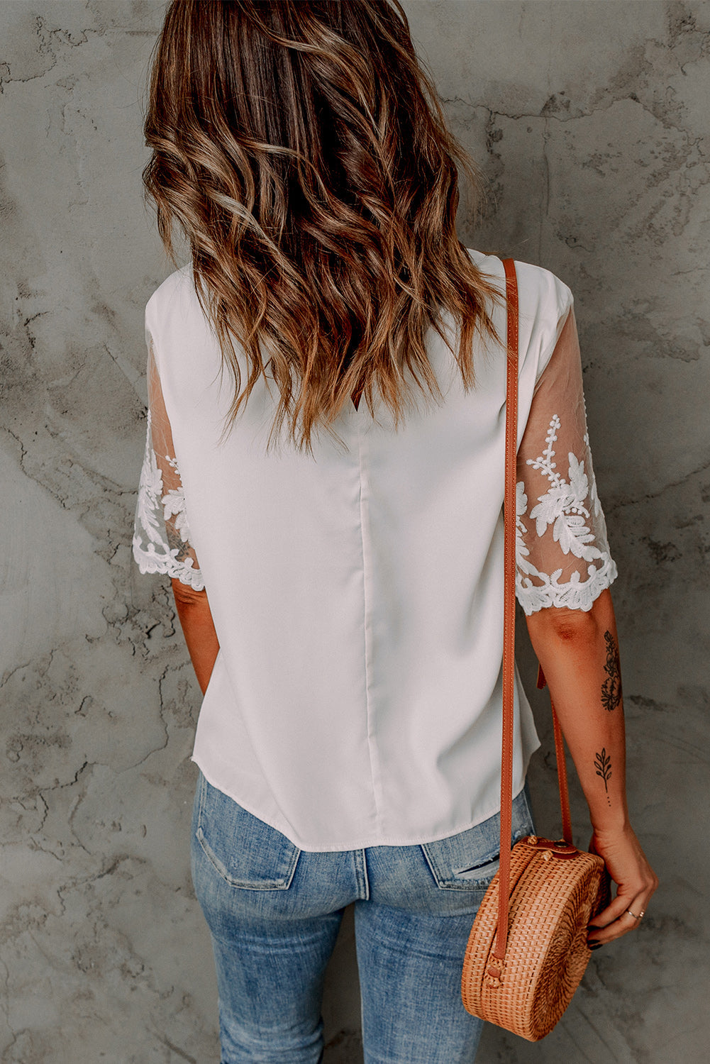 Top for Women Short-Sleeve White Lace-Trimmed