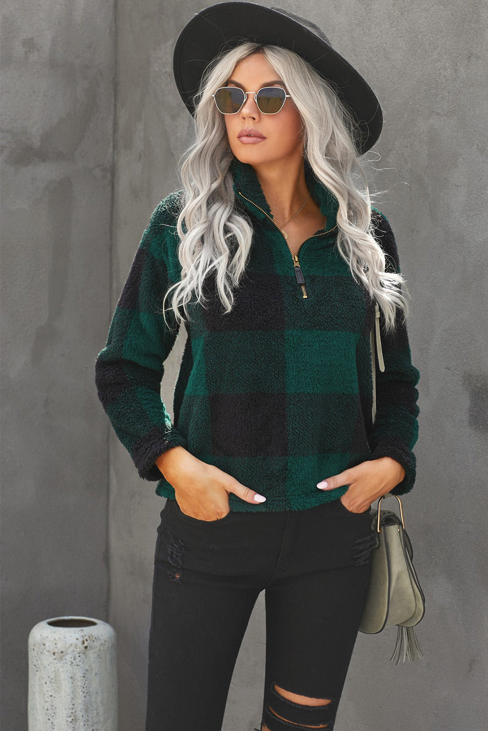 Women's Pullover Sweatshirt with Zip Collar Plush Women's Winter Green Plaid