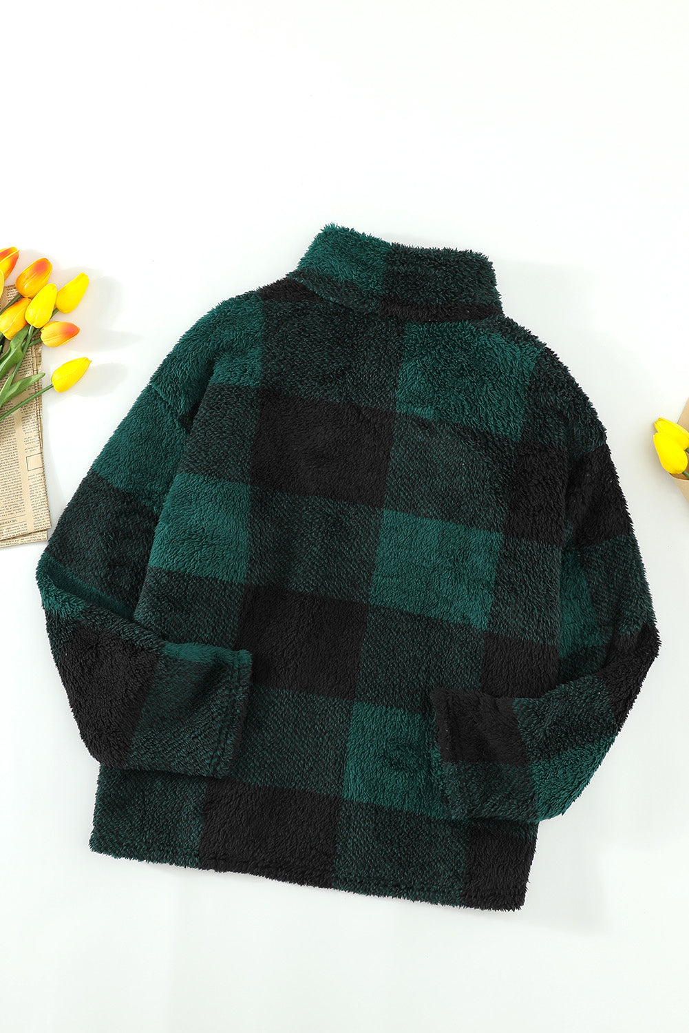 Women's Pullover Sweatshirt with Zip Collar Plush Women's Winter Green Plaid