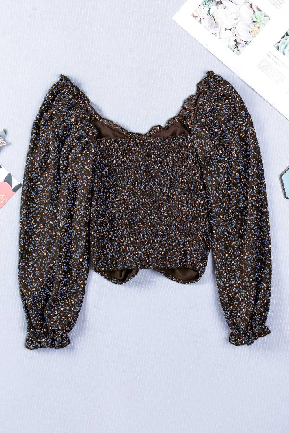 Blouse for Women Brown Floral-Print Balloon Sleeve