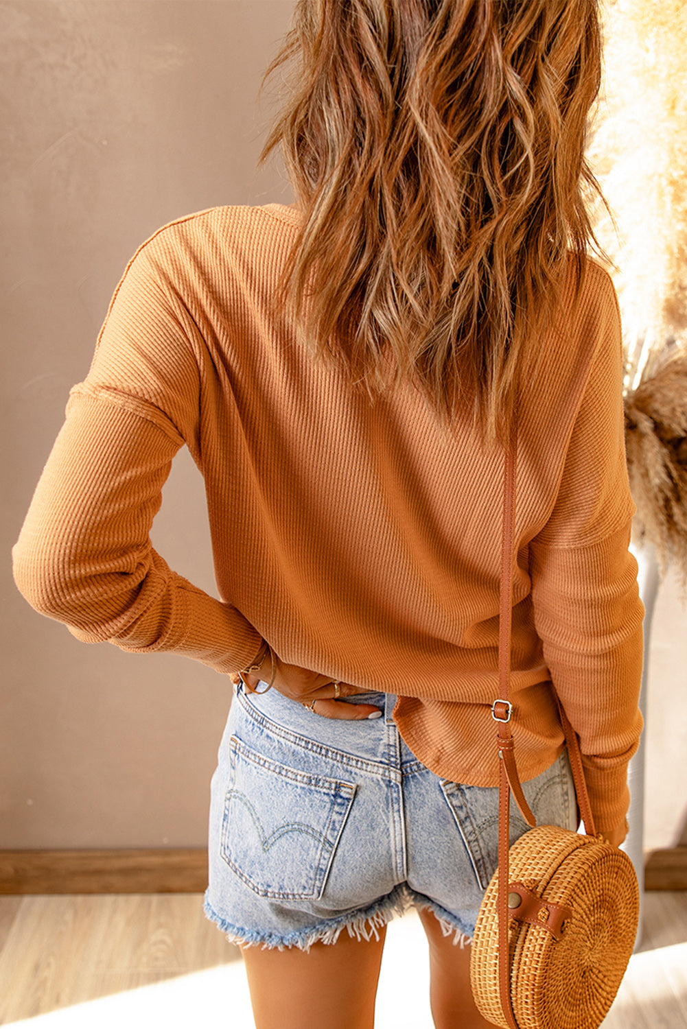 Women's Henley Top with Knitted Orange Waffle