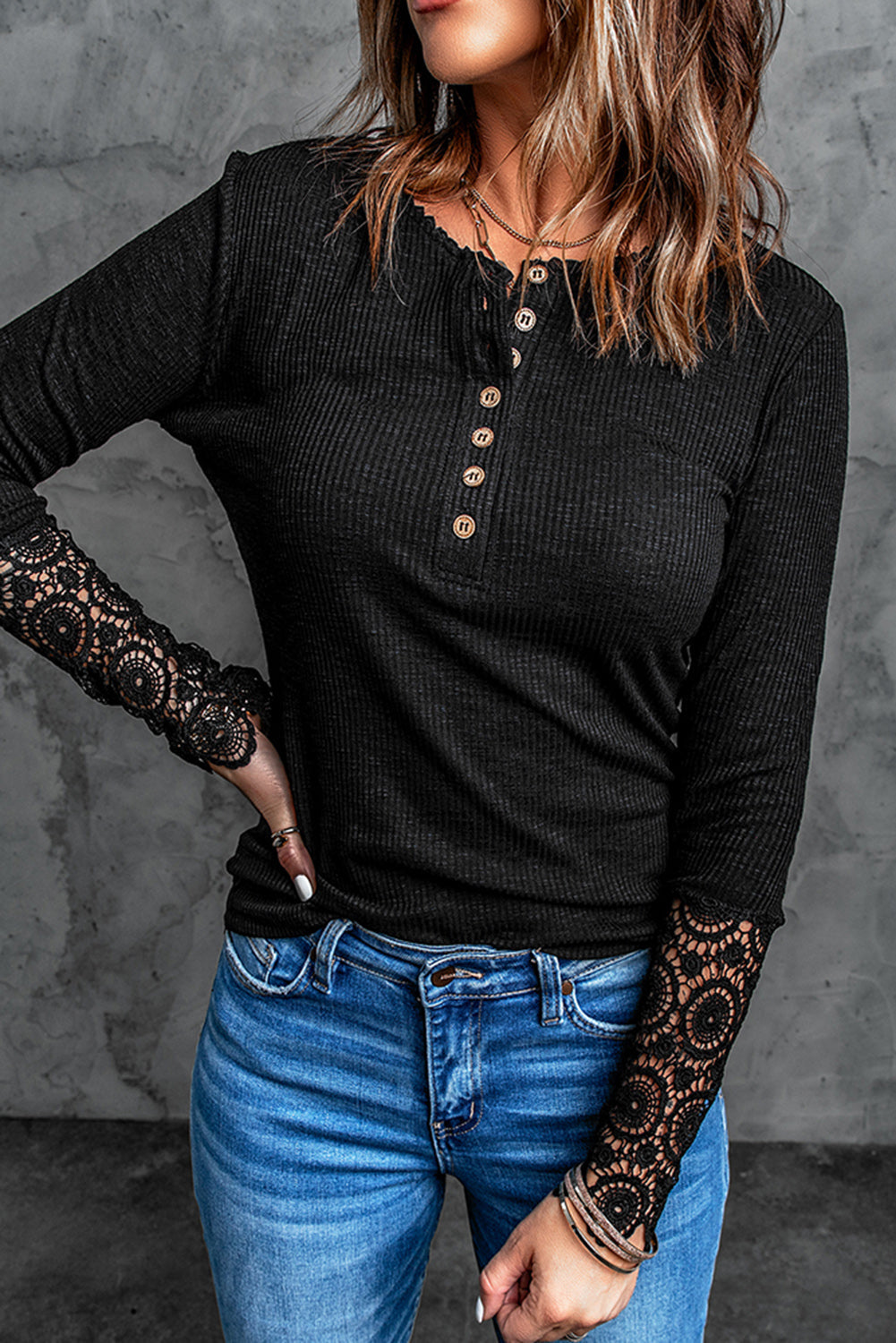 Women's Sleeve Button Chic Black Crochet Lace-Trimmed Hem Top