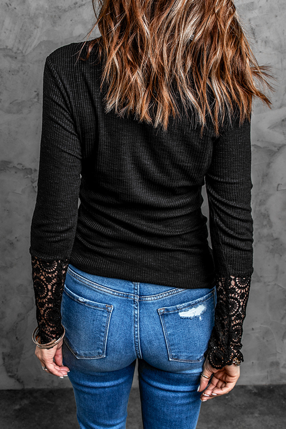 Women's Sleeve Button Chic Black Crochet Lace-Trimmed Hem Top