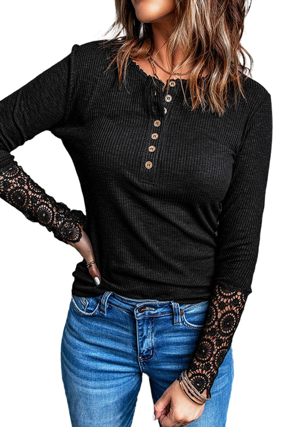 Women's Sleeve Button Chic Black Crochet Lace-Trimmed Hem Top