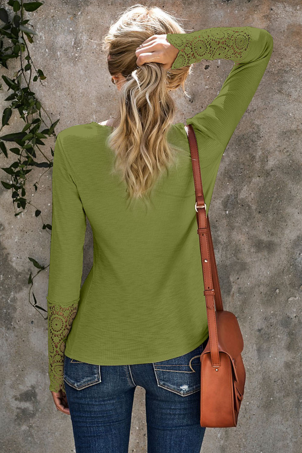 Top for Women Women's Green Crochet Lace-Trimmed Hem Sleeve Button Everyday