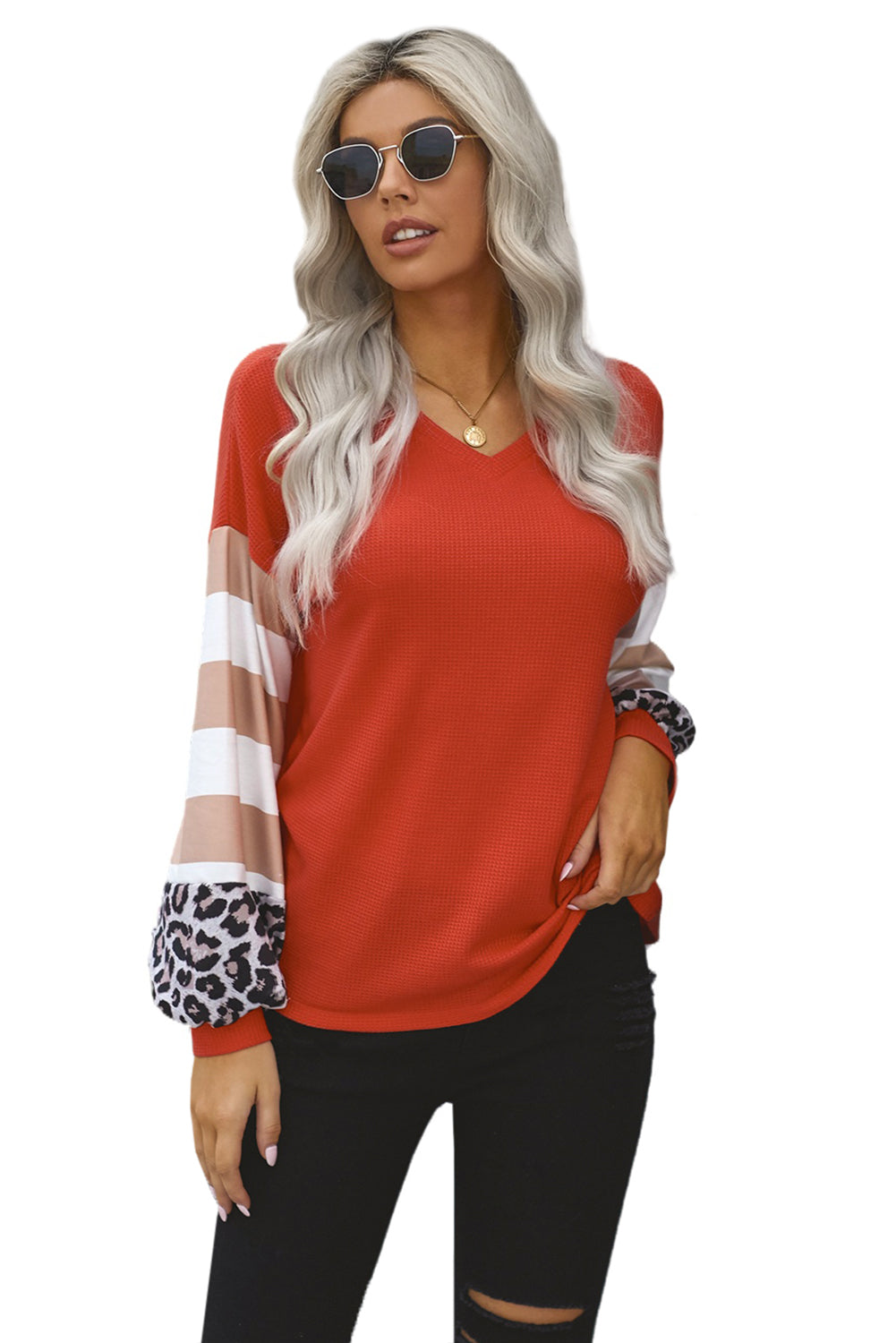 Women's Top with Red V Neck Lantern Sleeve Leopard-Print Stripe Splice Long-Sleeve