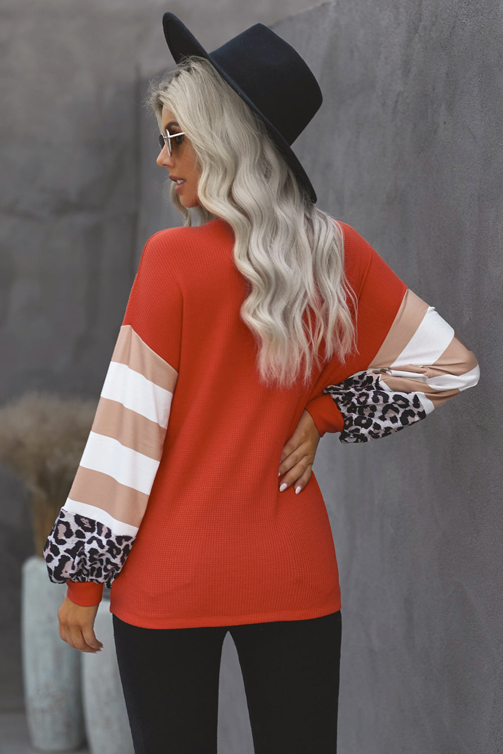 Women's Top with Red V Neck Lantern Sleeve Leopard-Print Stripe Splice Long-Sleeve