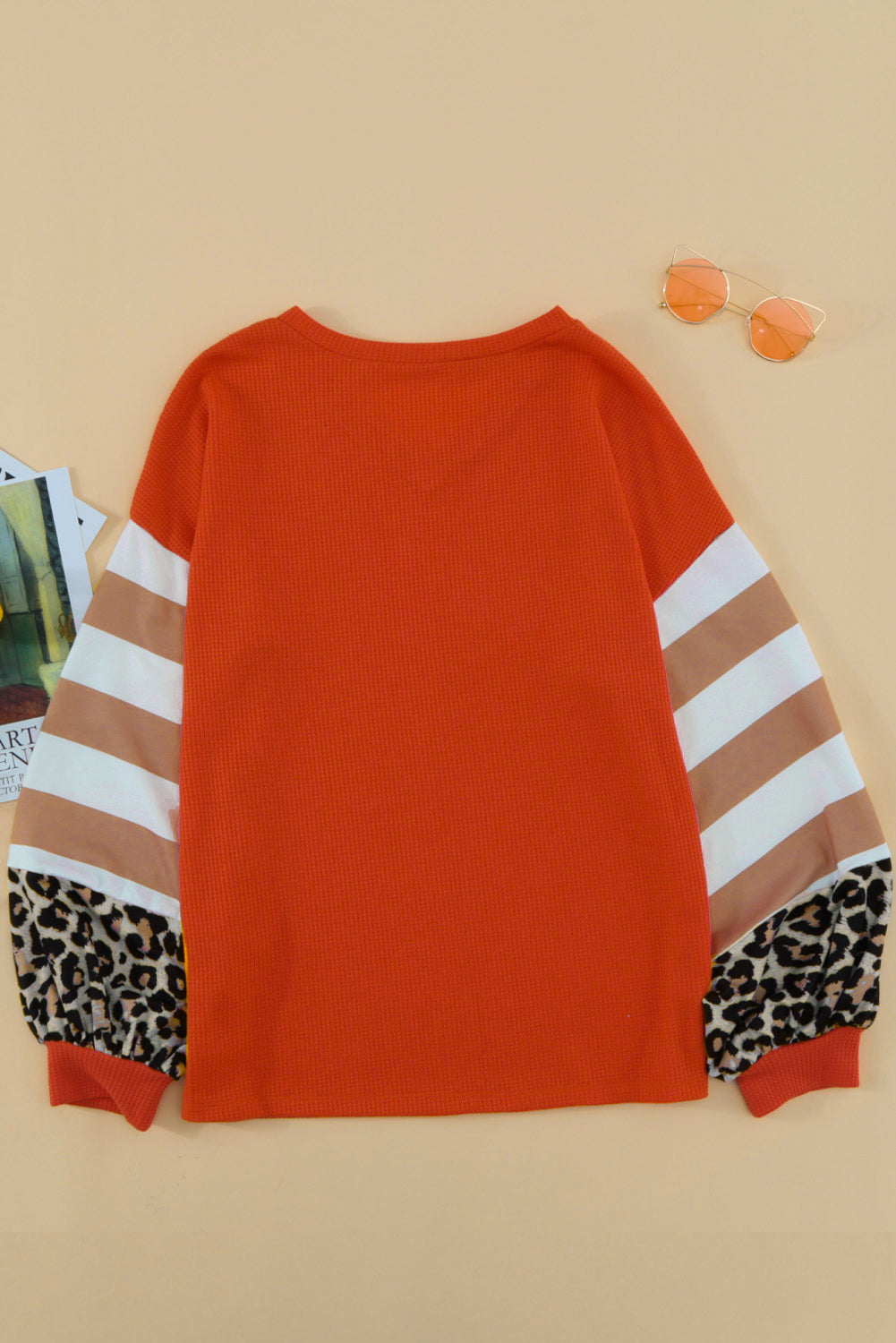 Women's Top with Red V Neck Lantern Sleeve Leopard-Print Stripe Splice Long-Sleeve