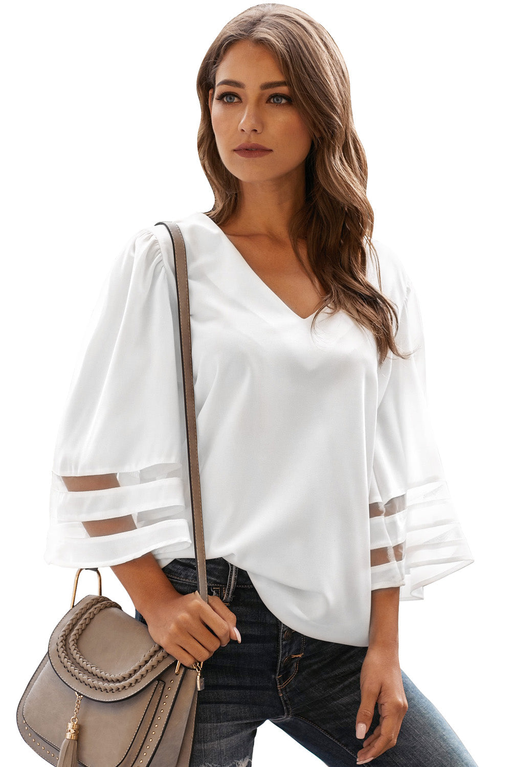 Women's Blouse Featuring White Flare Sleeve V Neck Loose Women's Chiffon