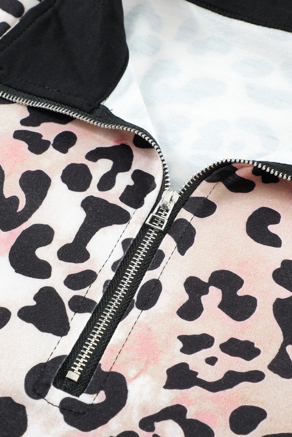 Sweatshirt for Women Everyday Leopard-Print Black Zip Stand Collar Dropped Sleeve