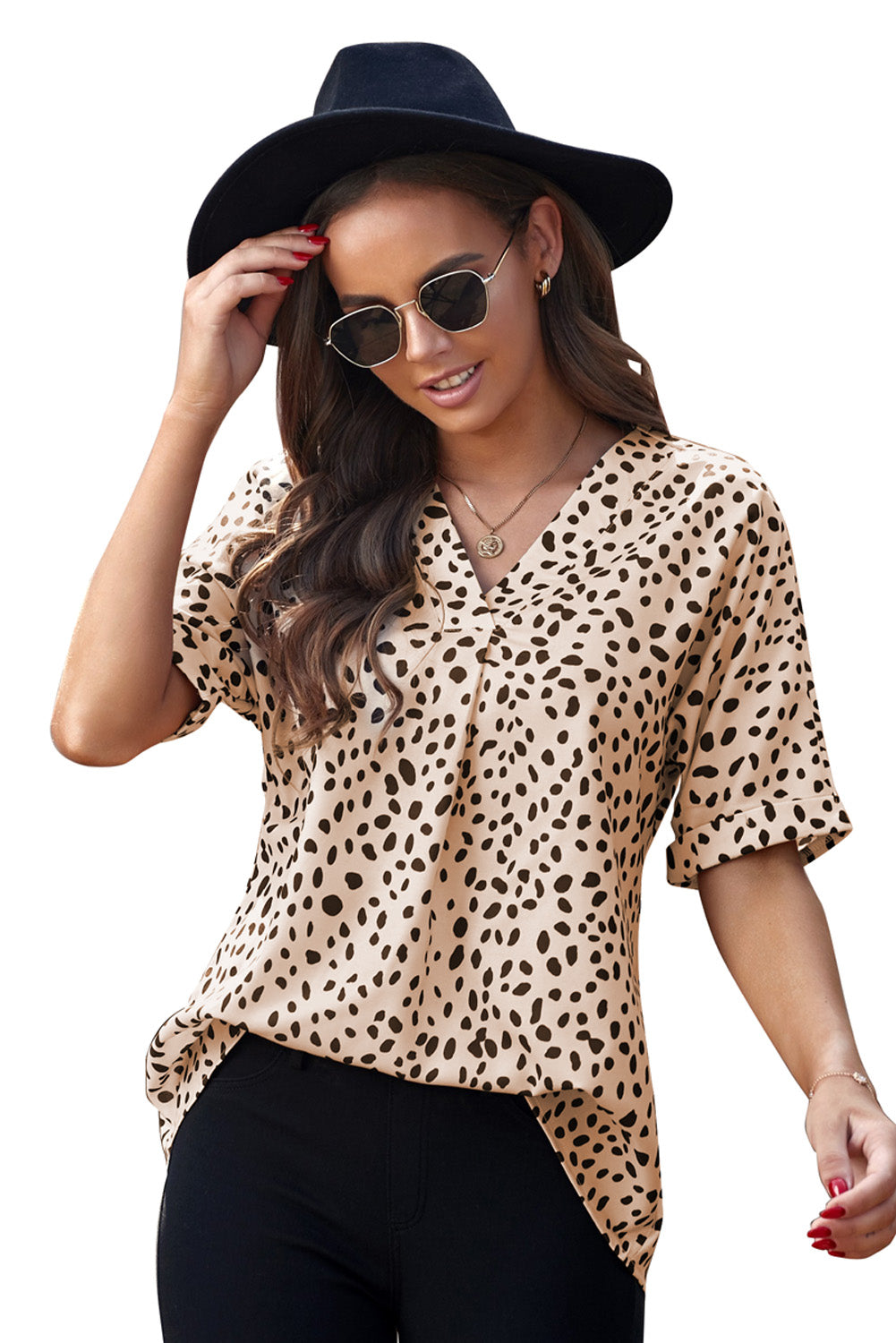 Women's Top with V-neck Rolled Sleeve Tunic Women's Brown Chloe Animal Print