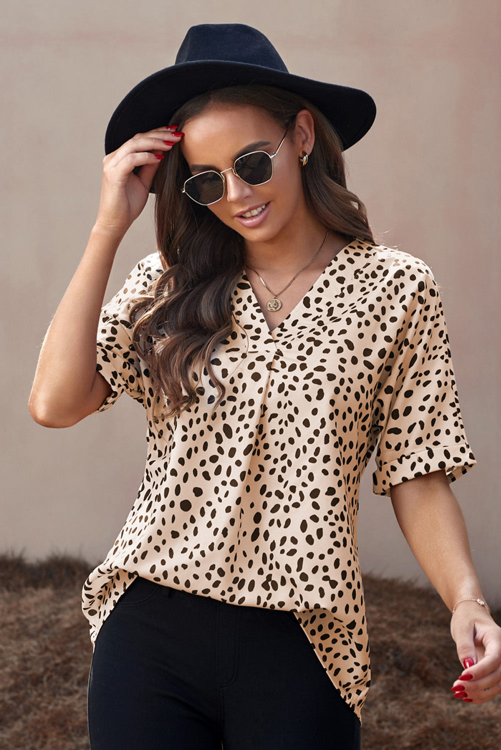 Women's Top with V-neck Rolled Sleeve Tunic Women's Brown Chloe Animal Print
